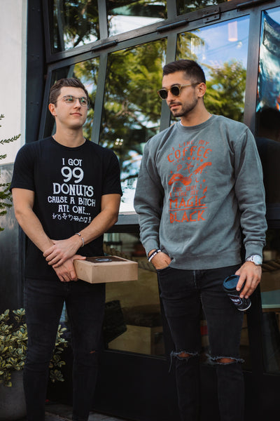 Two male men modeling t-shirt and crewneck sweater